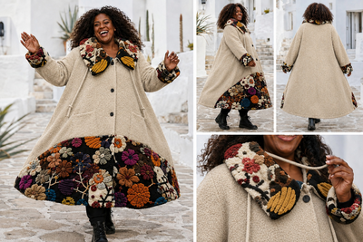 Warme winterjas zand met ballonkraag en printdetails