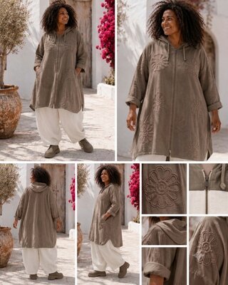 Taupe kleurige jas met ton-sur-ton bloemen in reliëf