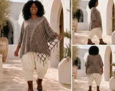 Taupe oversized tuniek met Asymmetrisch Netwerk-Detail en franjes