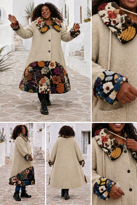 Warme winterjas zand met ballonkraag en printdetails
