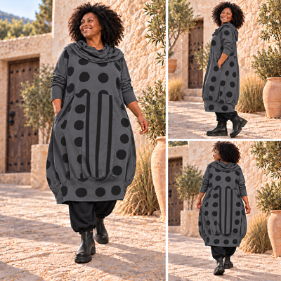 Boho Dots – Tricot Ballonjurk Grijs met Opengewerkte Kol