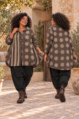 Poplin Bruine  Katoenen Ballonblouse met Stippen & Strepen