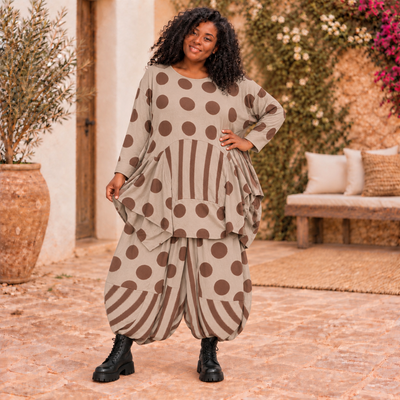 Stijlvolle Rib Corduroy beige Ballon Tuniek met Stippen & Strepen