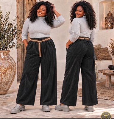 Corduroybroek-Wide-Leg Antraciet Corduroy Broek met Riem