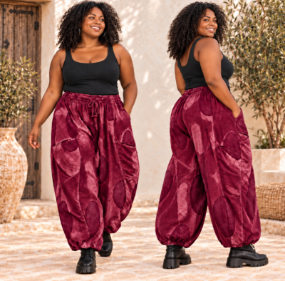 Broek Corduroy Bordeaux met Leuke Printdetails