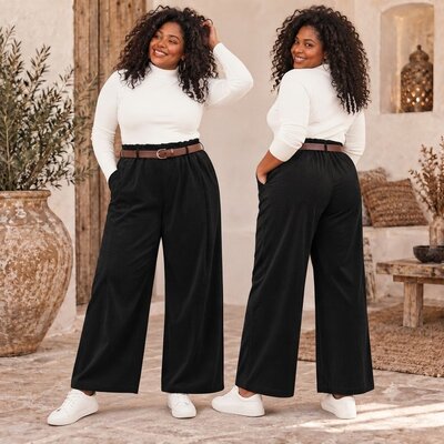 Stijlvolle Wide-Leg Corduroy Broek Zwart met Riem