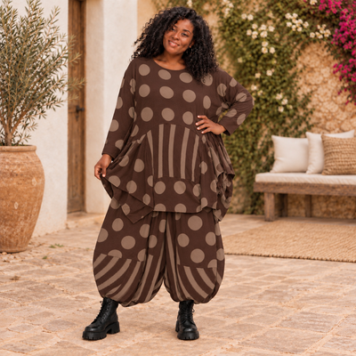 Stijlvolle-Rib-Corduroy-Bruin-Ballon-Tuniek-met-Stippen-strepen