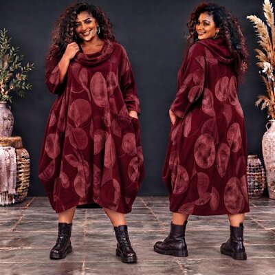 Bordeaux Stijlvolle-Corduroy-Curvy-Balloon-Jurk-met-Botanische-Print