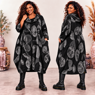 Zwarte Stijlvolle Corduroy Curvy Balloon Jurk met Botanische Print