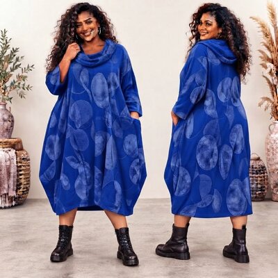Royal Blue Stijlvolle Corduroy Curvy Balloon Jurk met Botanische Print