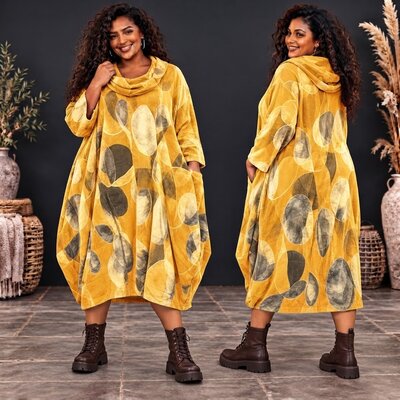 Jellow Stijlvolle Corduroy Curvy Balloon Jurk met Botanische Print