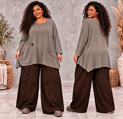 Taupe kleurige Bohemian Melange Tuniek met Zak en Knoopdetail